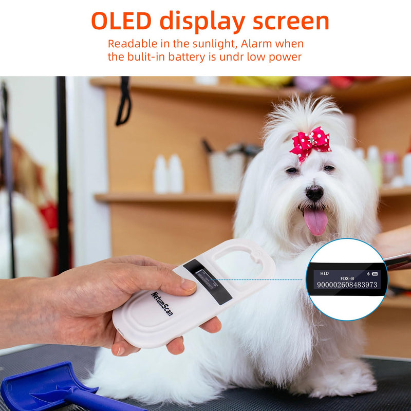 NetumScan Bluetooth Pet Microchip Reader, RFID EMID Handheld Pet Chip ID Scanner Rechargeable Data Storage Animal Tag Scanner with Stable OLED Display for ISO 11784/11785,FDX-B 180-USB
