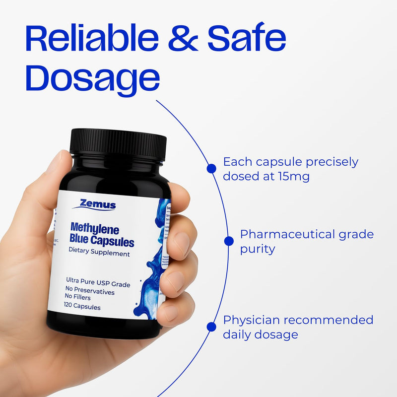 Zemus Methylene Blue Capsules – 15mg Pharmaceutical Grade USP – Made in USA – 99.9% Pure Methylene Blue for Human Use, Lab Tested, Cognitive Support - 120 Capsules 120 Capsules - 120 Day Supply