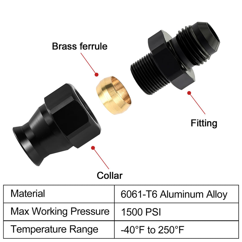 EVIL ENERGY 6AN Male to 3/8" Hardline Compression Fitting Adapter Aluminum Black 2PCS 6AN to 3/8