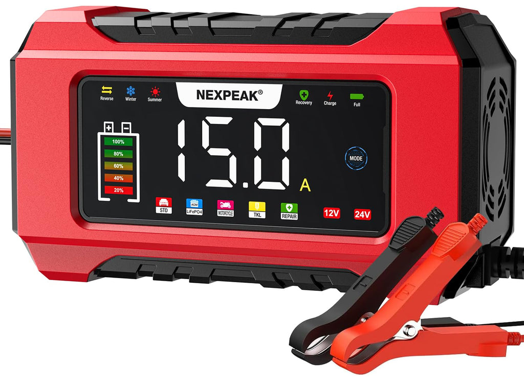 NEXPEAK NC215 15-Amp Battery Charger, 12V 24V LiFePO4 Lead Acid Portable Car Battery Charger 9-Stage Trickle Charger Smart Battery Maintainer w/Temp Compensation for Car Truck Lawn Mower Boat Marine