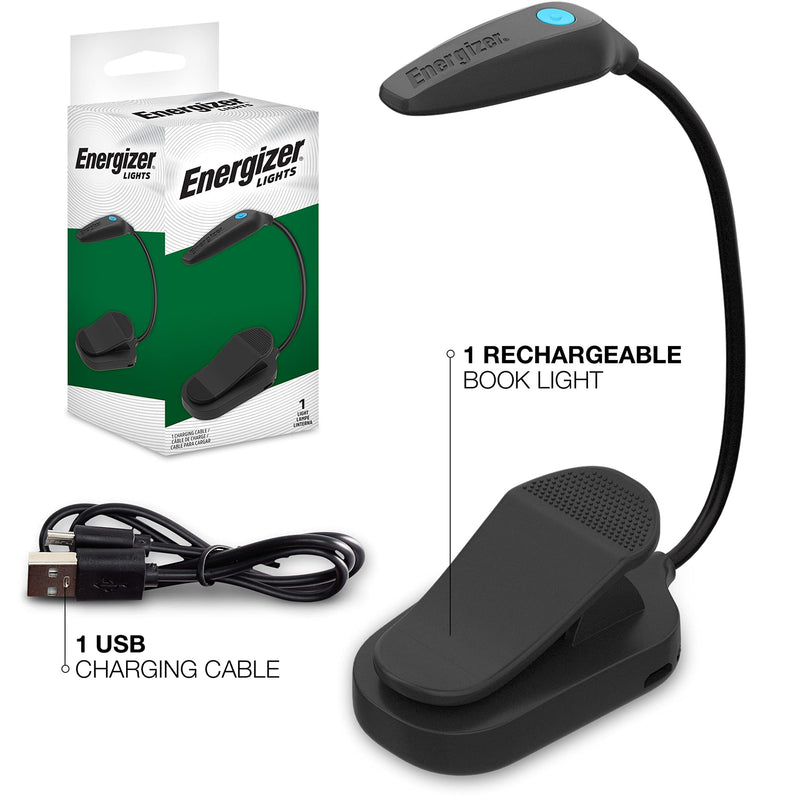 ENERGIZER Rechargeable LED Book Light FLEX, 3 Modes, Warm Light Clip On Reading Light with Flexible Neck for Reading in Bed (USB Included) Black