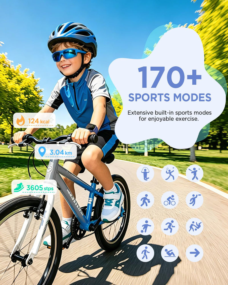 Smart Watch for Kids No App or Phone Needed, IP68 Waterproof, Flashlight | Kid Fitness Watches Pedometer, 24/7 Heart Rate, , Sleep Monitor, Puzzle Games for Boys&Girls Ages 4-12, Blue Max: 222 mm Min: 157 mm