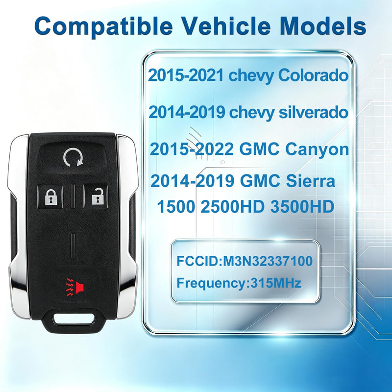 Replacement Remote Key Fob Fits 2014-2019 Chevy Silverado GMC Sierra 1500 | Slash Dealer Costs.stable signal,Fast Response & Durable ABS.1:1 OEM Match.2015-2021 Colorado,15-22 GMC Canyon,M3N32337100