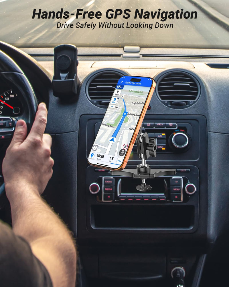 Metal Magnetic CD Slot Car Phone Mount with Adjustable Aluminum Arm | 360° Rotation Hands-free Magnet Holder for Car CD Player, Fit for iPhone 17 16 Pro/Max/Plus, Samsung, and All Android Phones