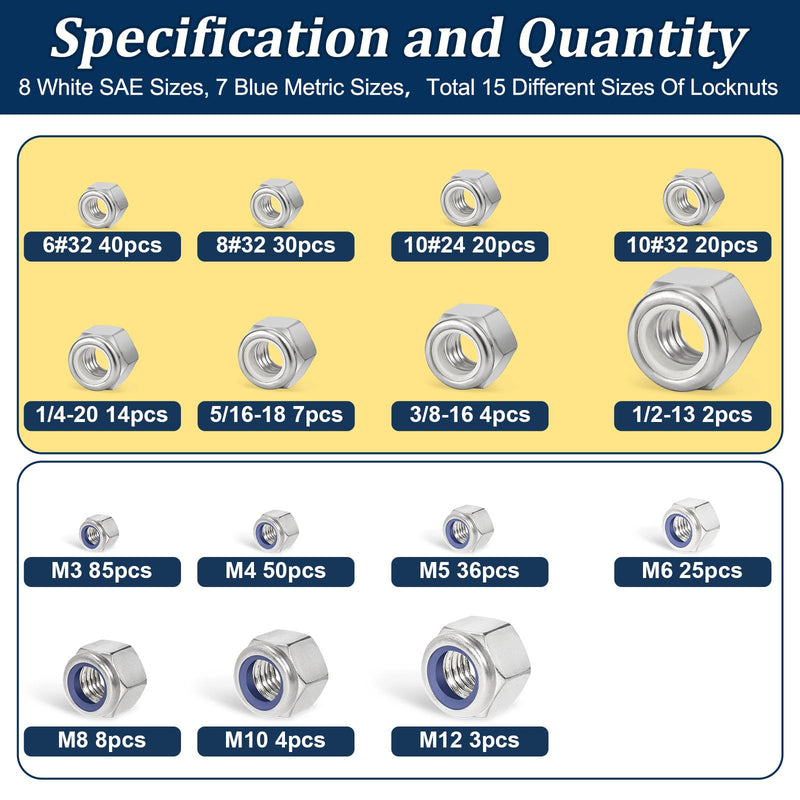 SAE & Metric Nylon Insert Lock Nuts Kit(348Pcs),6#32 8#32 10#24 10#32 1/4-20 5/16-18 3/8-16 1/2-13 M3 M4 M5 M6 M8 M10 M12 304 Stainless Steel Locknuts Sets SAE and Metric Locknuts, 348 Pcs