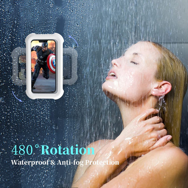 Upgraded 480° Rotating Shower Phone Holder Waterproof Case with Touch Screen,OOLYICO Shower Accessories Guardian Buddy Holder Wall Mount Shelf in Bathroom Bathtub for 4" - 7" Cell Phone White