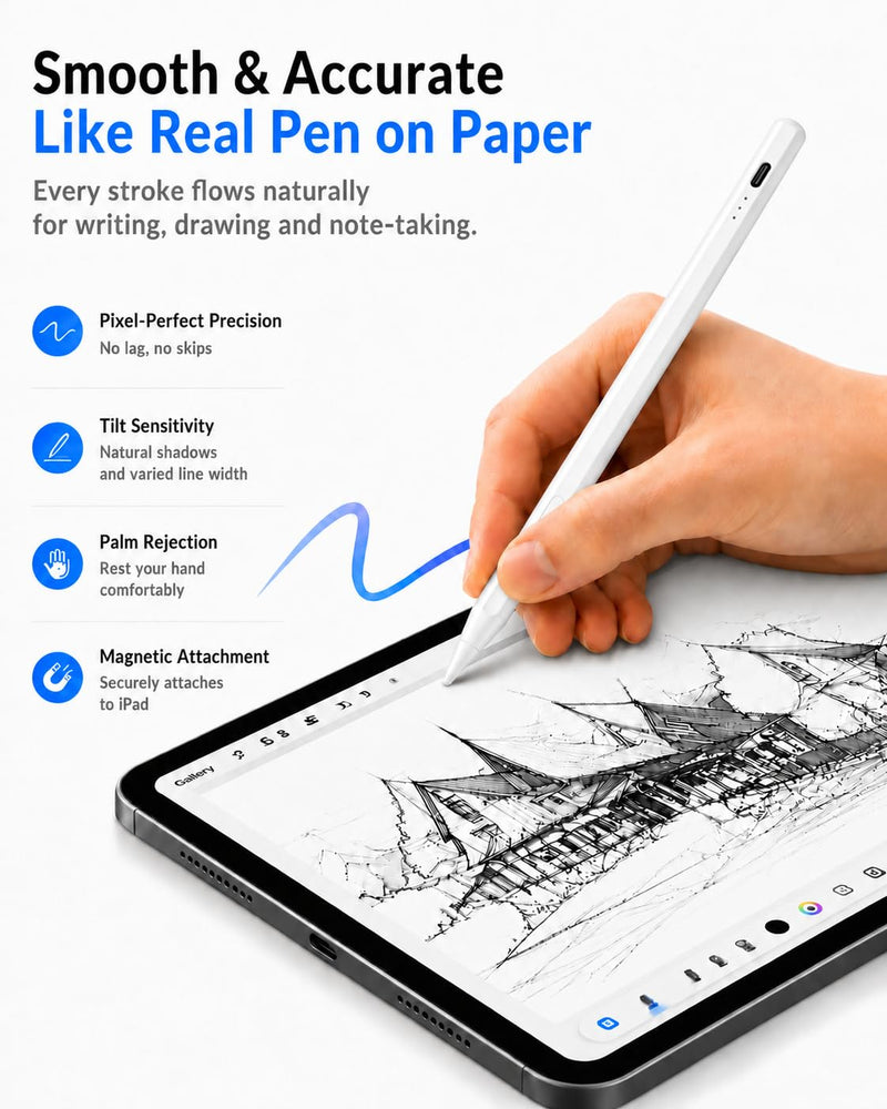 Stylus Pen for iPad with Battery Display & Dual Shortcut Buttons, Palm Rejection, Tilt Sensitivity, Magnetic Attachment, USB-C Fast Charging, Compatible with iPad Pro/Air/Mini 2018-2026 - White