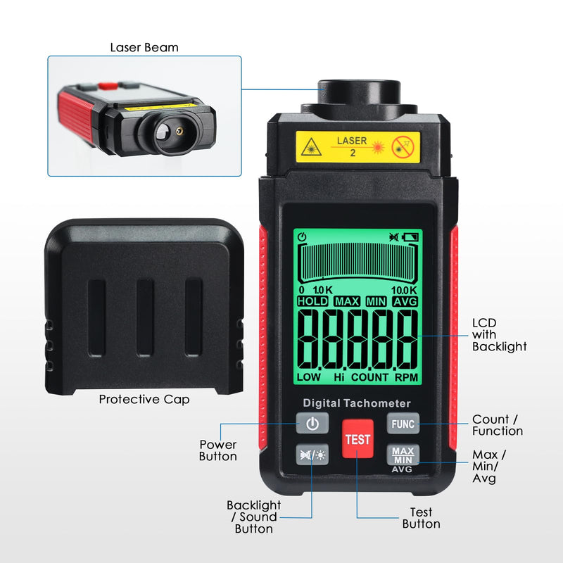  [AUSTRALIA] - Digital RPM Tachometer, Non Contact RPM Meter 10-99999 RPM High Accuracy Laser Tachometer Gauge with Reflection Tape, LCD Backlight, Data Hold & Max/Min/AVG Functions
