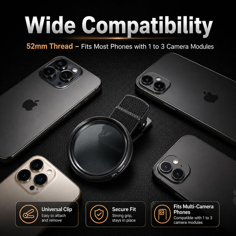 52mm Clip-on CPL Phone Camera Lens Filter Kit, Circular Polarizer Polarizing Filter Compatible with iPhone 17 16 15 14 13 12 11 52mm CPL Filter