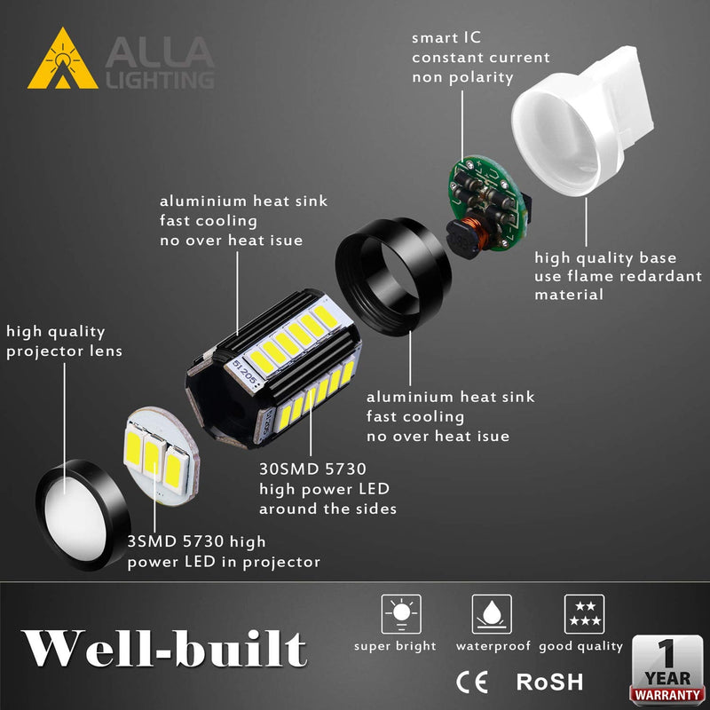 Alla Lighting 2800lm T20 7440 7443 LED Bulbs, White Reverse/Signal/Brake Tail/DRL Lights 7444 7443LL 7441 W21W 6000K Xenon Xtreme Super Bright 12V 5730 33-SMD Upgrade 6000K Xenon White