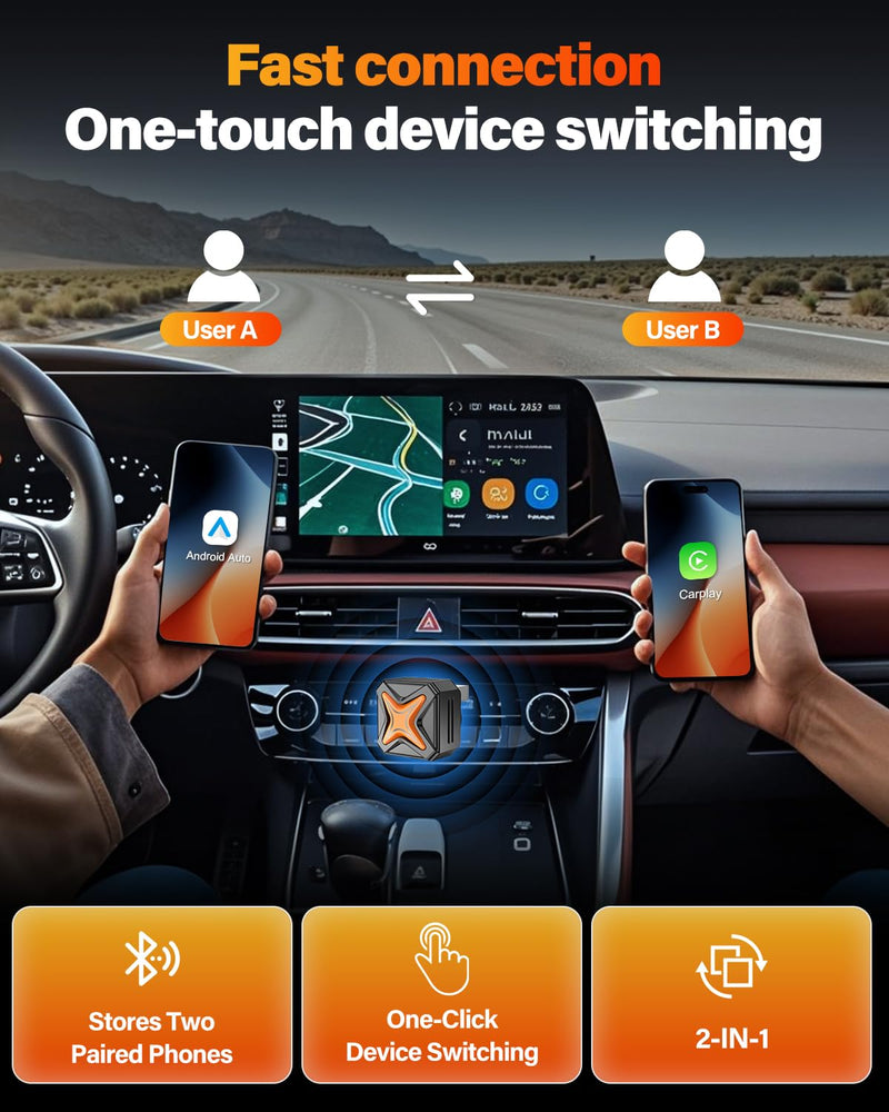 2026 Upgraded Mini Android Auto & Apple CarPlay Wireless Adapter for iPhone, Latest A7 Chip One-Click Switch, 3s Connect, Convert Wired to Wireless, Bluetooth 6.0, 5.8GHz WiFi, (iOS 12+, Android 11+) Black