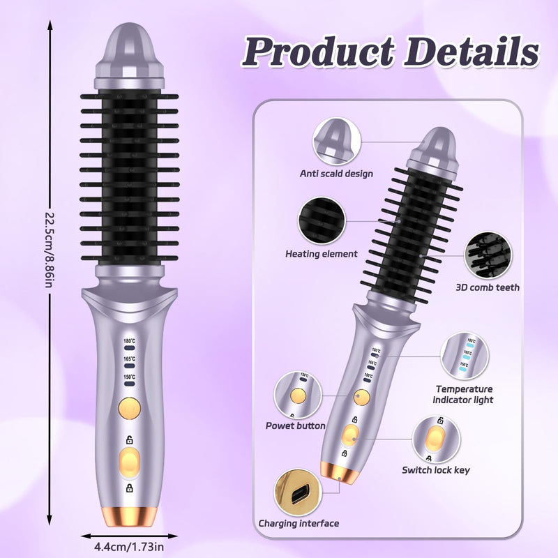  [AUSTRALIA] - Cordless Hot Brush for Short Hair - Heated Round Curler & Thermal Curling Iron for Women, USB Mini Hair Straightener Portable Curling Brushes, Curly Straight Hair Travel Heat Styling（Purple） Purple