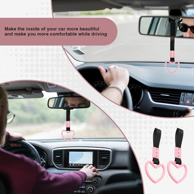 2PCS Heart Shaped Car Handle Straps, Rear Bumper Warning Keychain Ring with Drift Charm for Car Exterior Interior Accessories (Pink) Pink