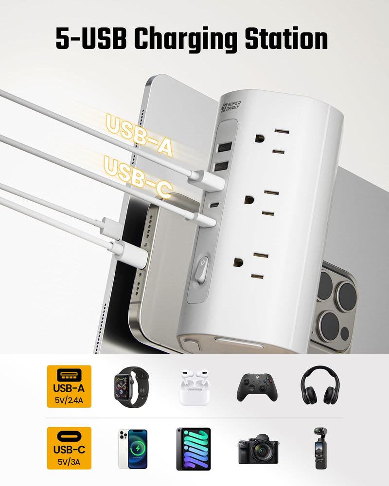 SUPERDANNY Tower Power Strip, 10Ft Extension Cord, 1700J, 12 AC 5 USB,White | 3 USB A, 2 USB C, Surge Protector Power Tower, Flat Plug, Desk Charging Station with Multiple Outlets, Home Office Dorm Room White 10 FT