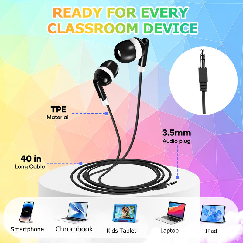 10-Pack Kids Earbuds for Classroom School Librariy, Wired Headphones, in Ear Earbuds for Kids Student, 3.5mm Earphones for Chromebook Laptop PC Multicolor 10 Pack