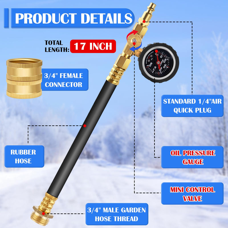 Boltigen Upgraded RV Winterizing Kit, 17'' RV Winterizing Hose with Oil Pressure Gauge & Control Valve, Air Compressor Sprinkler Blowout Adapter Kit, for RV, Camper, Boat, Travel Trailer, Garden Hose Black