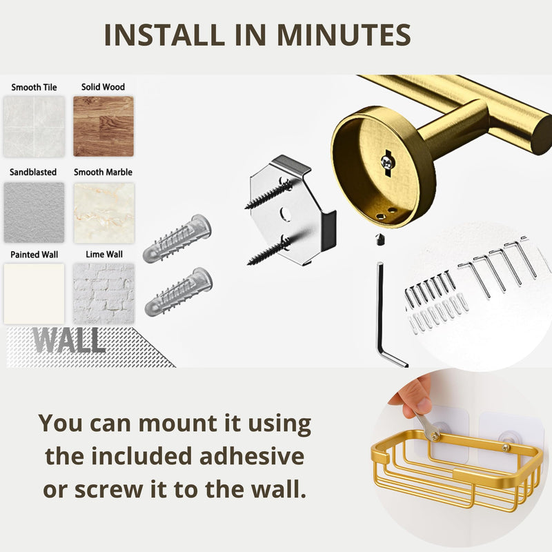 Brushed Gold Bathroom Hardware Set, 6 Piece Gold Bathroom Accessories Set, 24 Inch Towel Bar, SUS304 Stainless Steel, Towel Ring, Hooks, Toilet Paper Holder, Gold Towel Rack