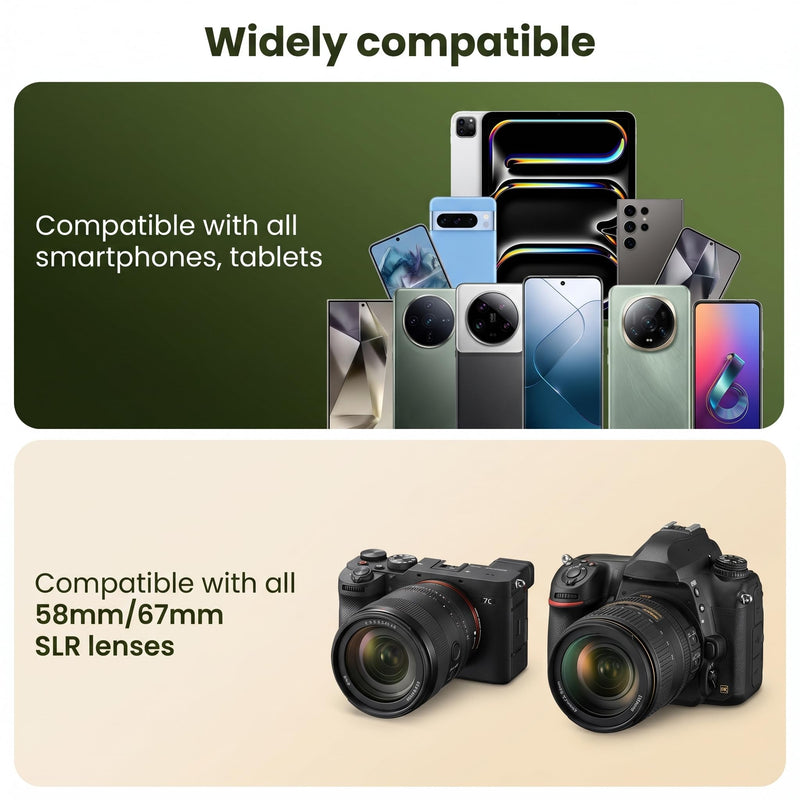 67mm ND2-400 Variable Neutral Density Filter for Smartphone & DSLR | HD Adjustable Camera Lens Attachment, Universal Clip & Adapter Ring, Samsung iPhone 17 16 15 14 and Other Smartphones/Camera
