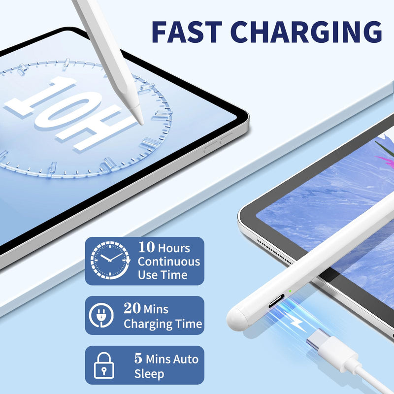 iPad Apple Pencil 9th&10th Generation, Fast Charge Stylus Pen for iPad Palm Rejection and Tilt Sensitivity, Compatible with iPad Pro 11/12.9in, iPad Mini 5/6, iPad 6/7/8/9/10, iPad Air 3/4/5 (White) White