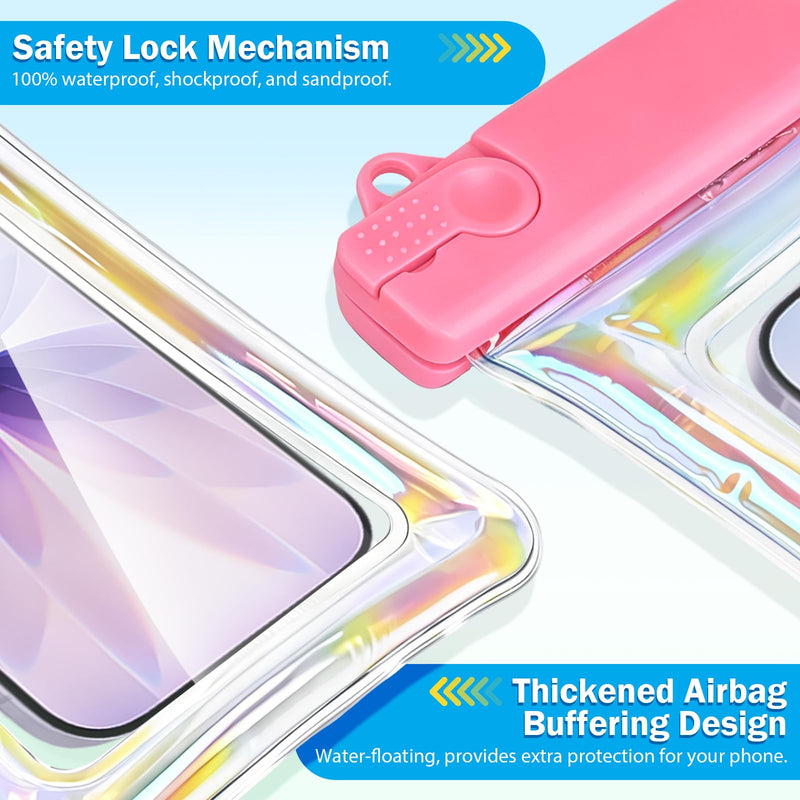 DLseego 2-Pack Iridescent Floating Waterproof Phone Pouch, Pink & Blue Laser TPU IPX8 Dry Bag with Lanyard, Touch Screen Waterproof Case Fit Up to 7 Inch Phone for Swimming Beach Snorkeling Rafting