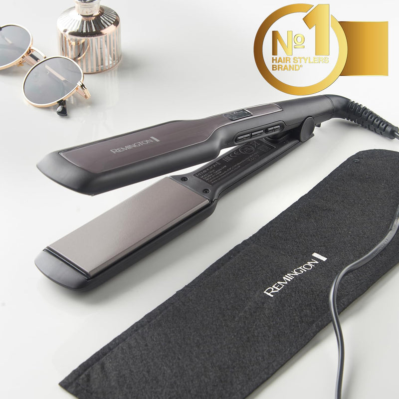Remington Hair Straightener Advanced Ceramic coating for Sleek & smooth glide, Wide longer length 110mm floating plates, Digital display, Heat proof pouch, Up to 230°C, S5525 Black Grey | Digital Display, Heat Proof Pouch, Up to 230°C Max Temp, S5525 M...