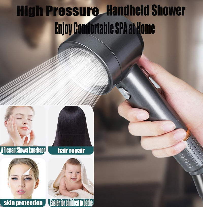 High Pressure Shower Head with Handheld, with Pause Switch 4 Spray Modes Water Saving Filter Showerhead, Showerhead Set with Hose, Bracket and Cotton Filter, Make Bathing Healthier (Grey) Gray