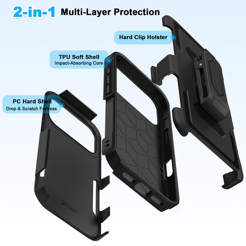2 in 1 Case for iPhone 17 Pro Max with Belt Clip Defender, Heavy Duty Shockproof Holster with 360 Rotating Kickstand, (6.9" Black)