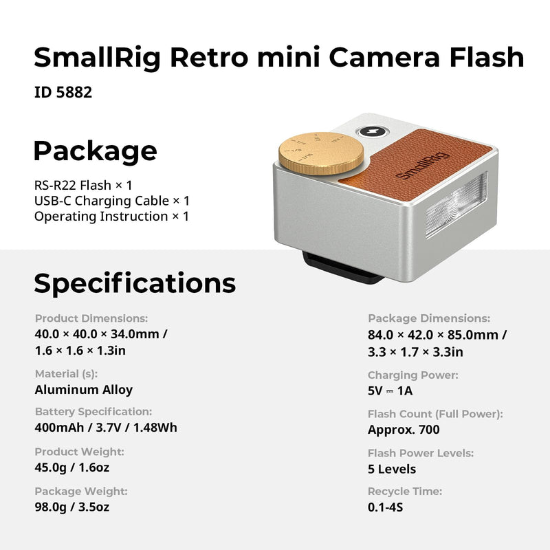 SmallRig Retro Mini Camera Flash for Fuji X100 for Ricoh for Nikon for Sony | Alumium Manual Flash GN8-10, 5 Levels 1/1-1/16, 700 Full Power Flashes, 0.1-4s Recycle/6500K/400mAh Battery, RS-R20, 5882