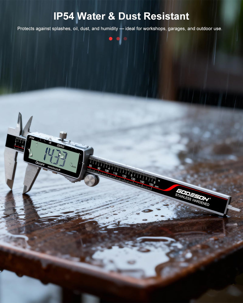 GODESON Digital Caliper, Rechargeable Digital Micrometer-IP54 Waterproof, Stainless Steel & Large LCD Screen Caliper Measuring Tool-Inch/Metric/Fraction,6" Calipers-Auto Off for Pros & DIYers 6-INCH Micro-B