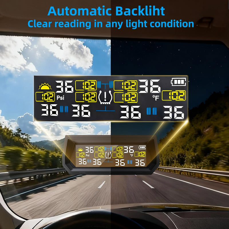 Tire Pressure Monitoring System TPMS, Solar Charge Tire Pressure Monitor with 4 External Sensors & 6 Alarm Modes, 0-99 PSI, Real-time Wireless TPMS for Car Sedan SUV Pickup - with 4 Tire Valve Caps 4 Sensors