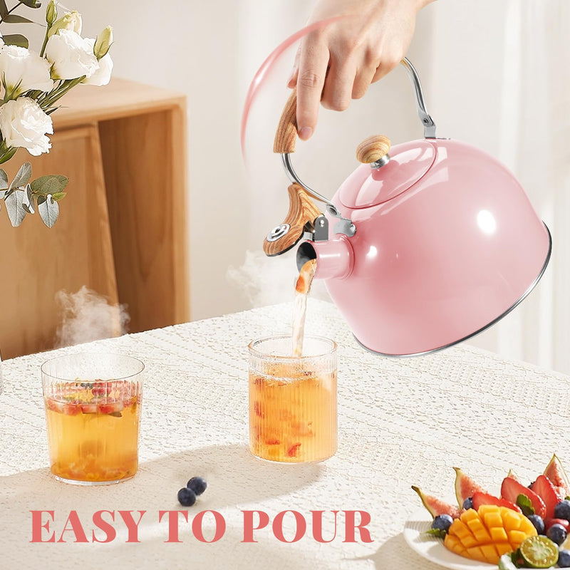 GGC Tea Kettle for Stove Top, 85OZ/2.6QT Whistling Tea Kettles for Boiling Water Milik or Coffee, Pink Stainless Steel Tea Pots with Wood Pattern Folding Handle, Thumb Design Control Kettle Outlet Cute Pink