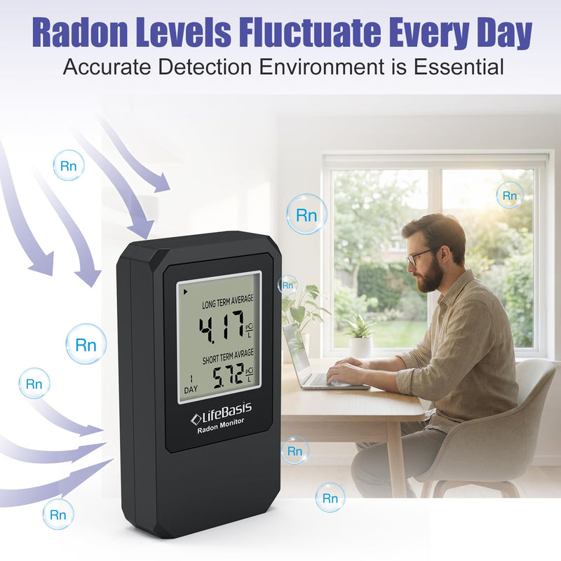 LifeBasis Radon Detector, Radon Test for Home with Long and Short Term Radon Meter, Home Radon Gas Monitor US Version-pCi/L (Update Version, Matte Black)