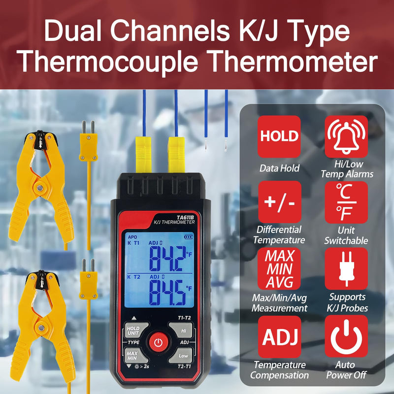 Digital K Type Thermocouple Thermometer (-328~2500℉), Dual Channels Thermometer with 2 HVAC Temperature Clamps & 2 Wired Thermocouple Probes, LED Backlight & ADJ Compensation Temperature Meter Tester