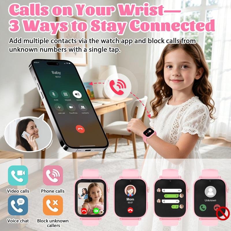 4G Kids Smart Watch for Boys Girls with GPS Tracker, SOS, Two Way Call Video Calling Voice Chat,School Mode, Alarm Clock,Safe Zones,Pedometer,Stopwatch,Games Children Smartwatch for 4-12 (4G Pink) 4G Pink
