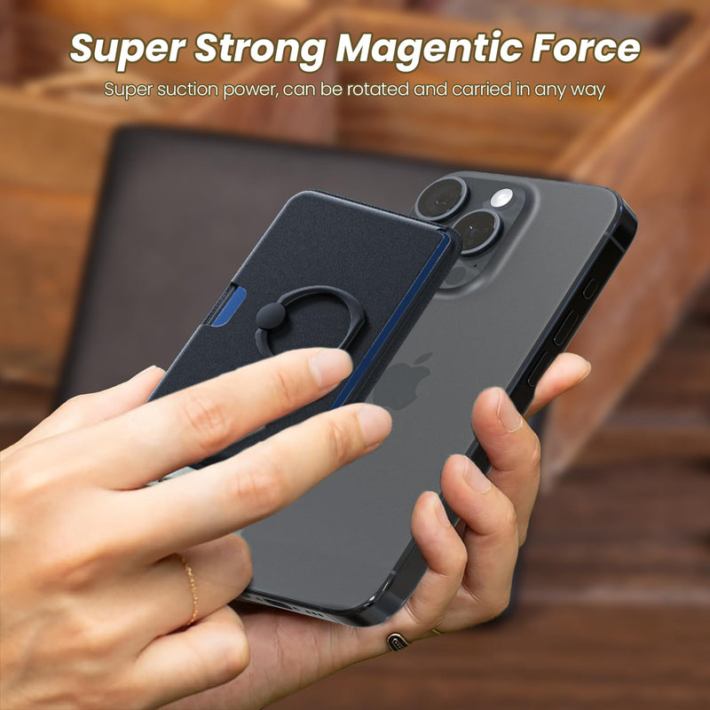 Magnetic Phone Wallet with Ring Holder, Sidepush Mag-Safe Card Holder with 360 Degree Adjustable Ring Stand Compatible with iPhone 15/14/13/12 and Pro/ProMax Series Black