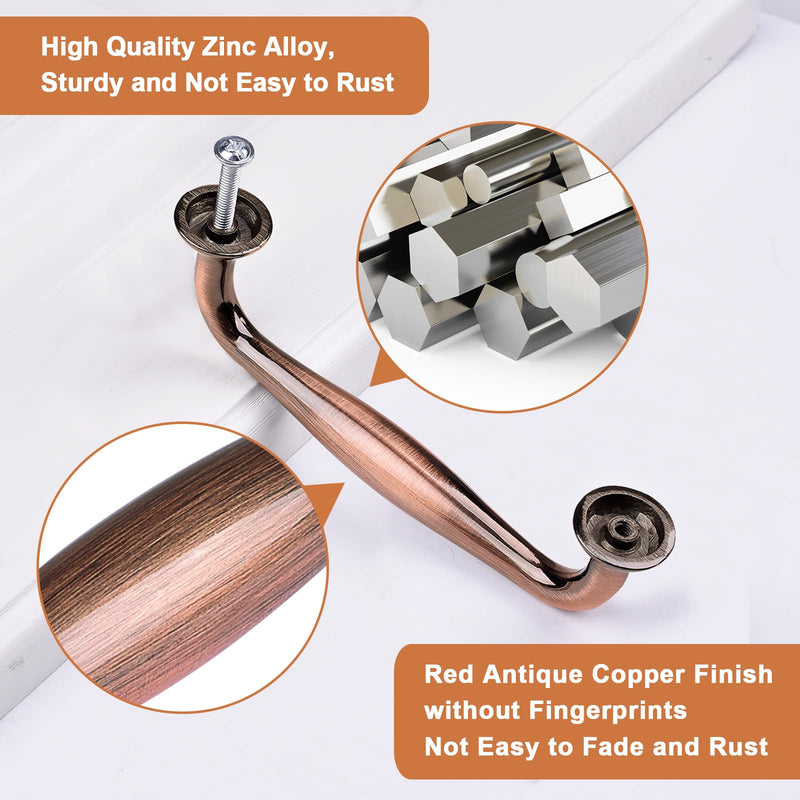 WEAVERBIRD 6 Pack Cabinet Handles Red Copper 3-3/4" Hardware Pull Handles, Antique Dresser Drawer Pulls 96mm Furniture Drawer Pulls 96 mm