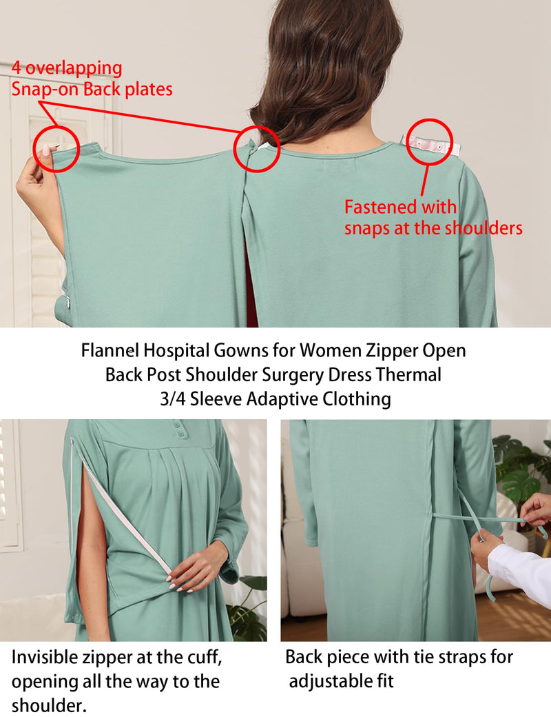 Flannel Hospital Gowns for Women Zipper Open Back Post Shoulder Surgery Dress Thermal 3/4 Sleeve Adaptive Clothing Green 3X-Large