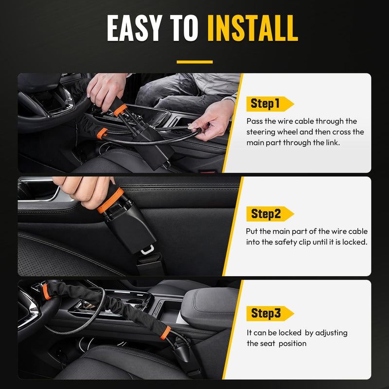 Car Steering Wheel Lock,17" Car Security Anti-Theft,Thickened Steel Wire | Lightweight Seat Belt Lock,Easy to Store,Universal Anti-Theft Device for Car, SUV & Golf Cart,3 Keys Included(Black) Black 1