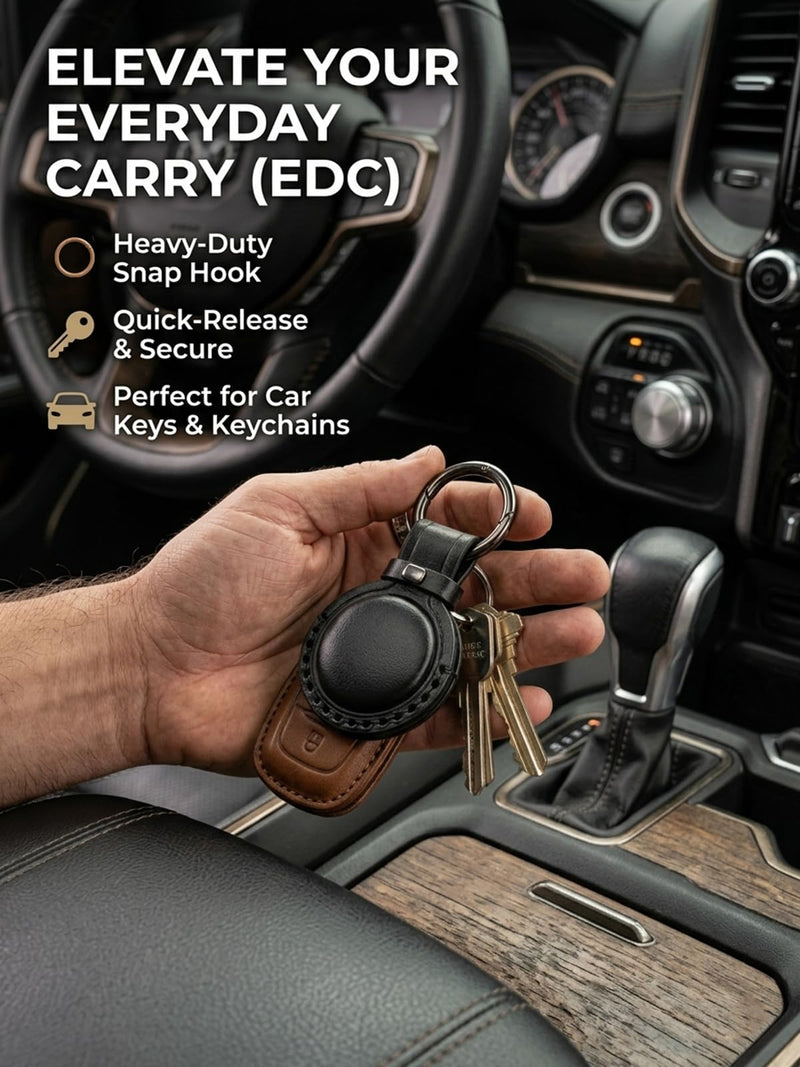 JusBumio Leather Keychain Compatible with Apple AirTag 2nd & 1st Gen | Handcrafted Full Grain Veg-Tanned Leather, Full-Wrap Hidden Holder, No signal/audio loss, Glossy Black Flat Black