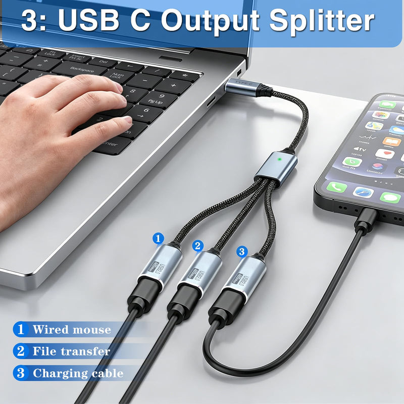 Poyiccot USB C Splitter 1 in 3 Out, Multi USB C Splitter Y Cable, Type C Male to 3 Female Nylon Braided Power Charging and Data Transfer Cable for PC, Laptop, Mac, Flash Drive, Keyboard, Mouse, 25cm