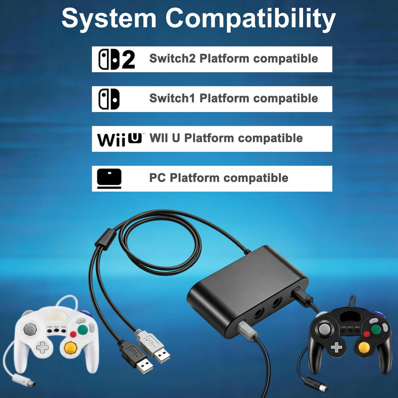 Gamecube Controller Adapter for Wii U, PC Windows, Nintendo Switch/OLED/Switch 2 Gamecube Converter, Support 4 Gamecube Controller to Play Supper Smash Bros with 3.3ft Long Cable