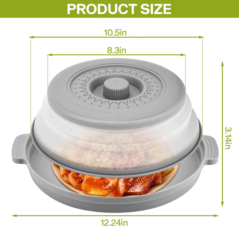 2 Pack Microwave Splatter Cover for Food with Anti-scald Base Plate,Large Plastic & Silicone Vented Avoid Scalding Collapsible Guard Lid,Kitchen Essential Gadgets for Meal Prep-10.7 Inch 2 Pcs Gray