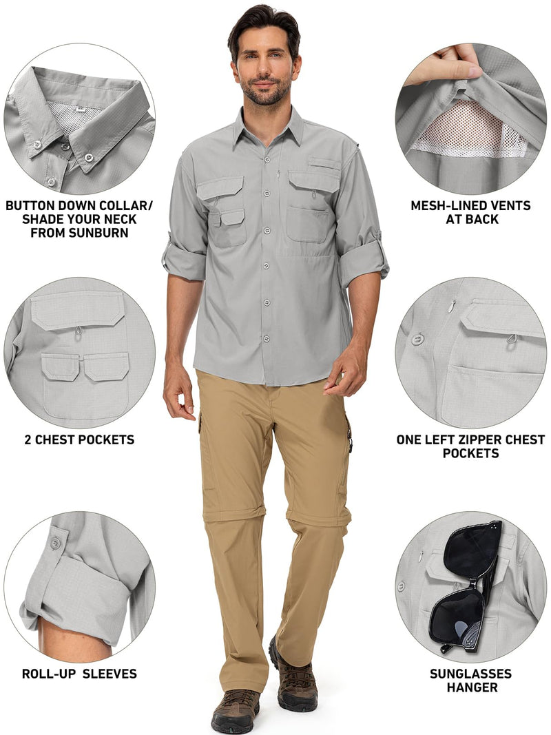 linlon Mens Safari Shirts Long Sleeve UV Protection Hiking Fishing UPF 50+ Quick Dry Cooling Camping Travel Shirts Medium Grey