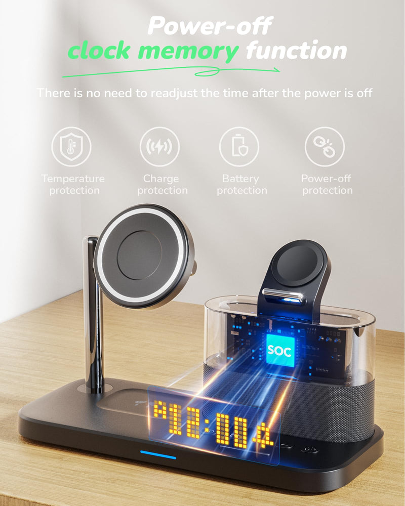 5 in 1 Wireless Charging Station for Apple,Mag-Safe Charger with Alarm Clock Night Light for Multiple Devices,Nightstand Charging Station for iPhone 17/16/15/14/13/12,Apple Watch Series,Air-Pods Qi1-Black