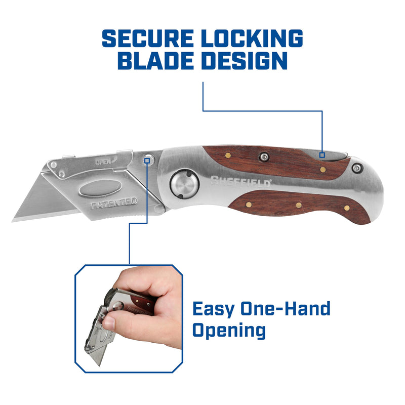 Sheffield 12525 Premium Lock Back Utility Knife 2 Pack, Gifts for Men, Dad Gifts, Box Cutter Knife, Carpet Knife, Drywall Cutter, Quick Change Blade, Aluminum and Wood Handle 2-Pack