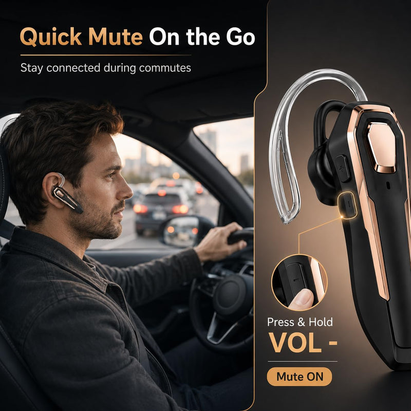 Gold Bluetooth Headset Single Ear Wireless Earpiece, 30H Talk Time, Dual MEMS Mics, Call Noise Reduction, Mute Button, USB-C, Voice Assistant, for Office Driving Cell Phones