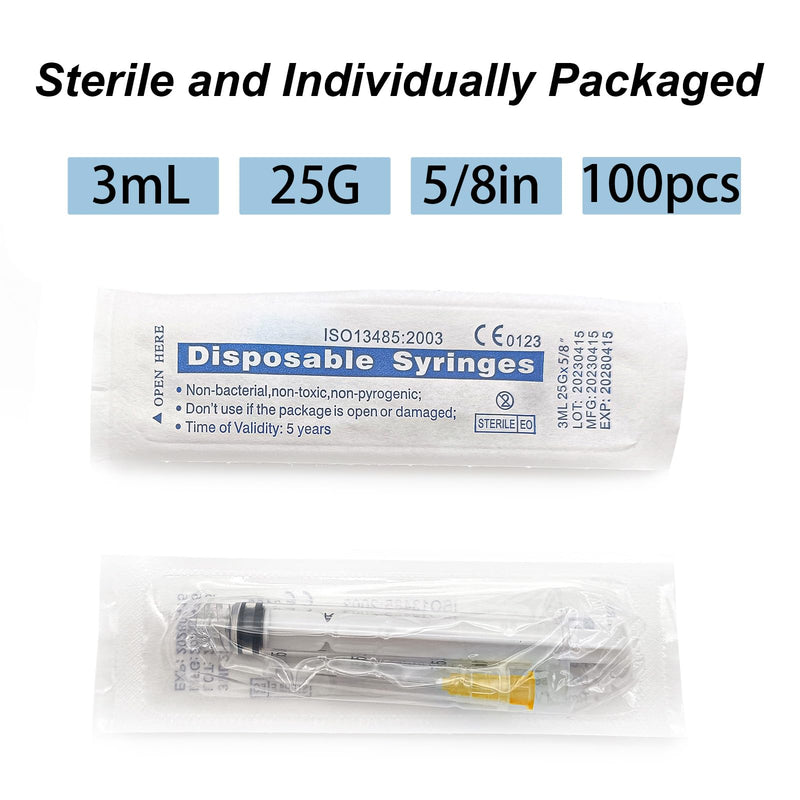 100pcs 3ml 25g x 5/8 in for Scientific Accessories Refilling Liquids | 3cc 25 gauge 5/8 inch Disposable Reconstitution,Lab Sample Supplies, Dispensing Utensils, Individually Wrapped 3ml-25g5/8in 100
