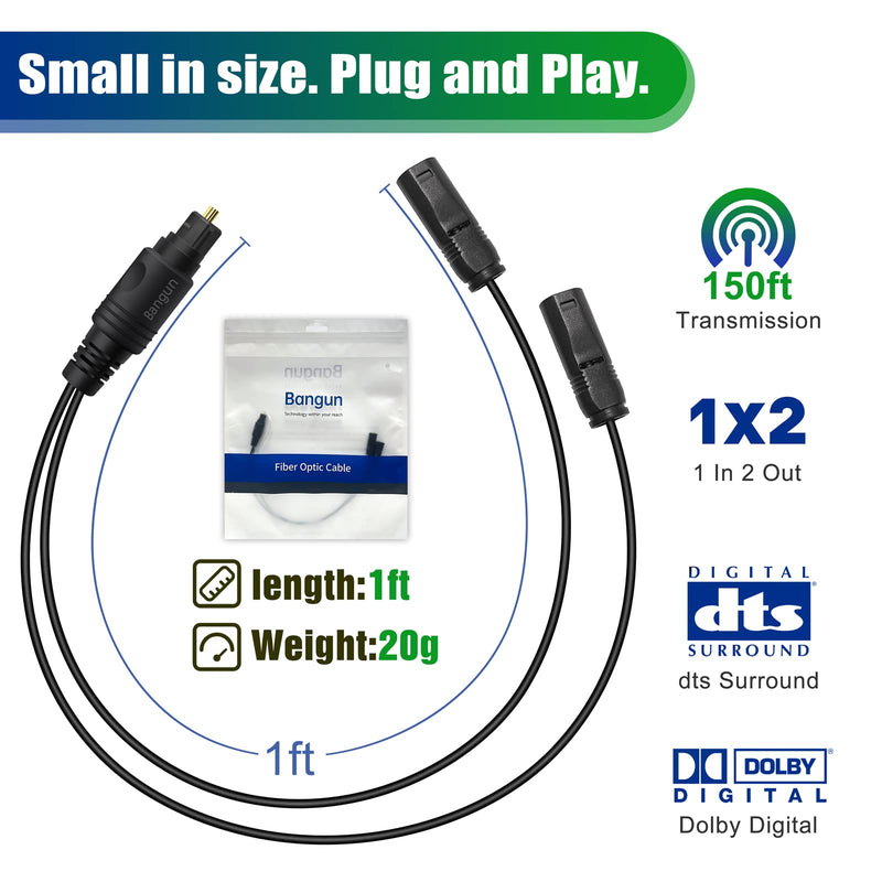 1x2 Digital Audio Splitter, Toslink Digital Fiber Optic Audio Splitter 1 Male Input 2 Female Output (for Home Theatre, Xbox, PS3/PS4) 1 in 2 Out straight plug