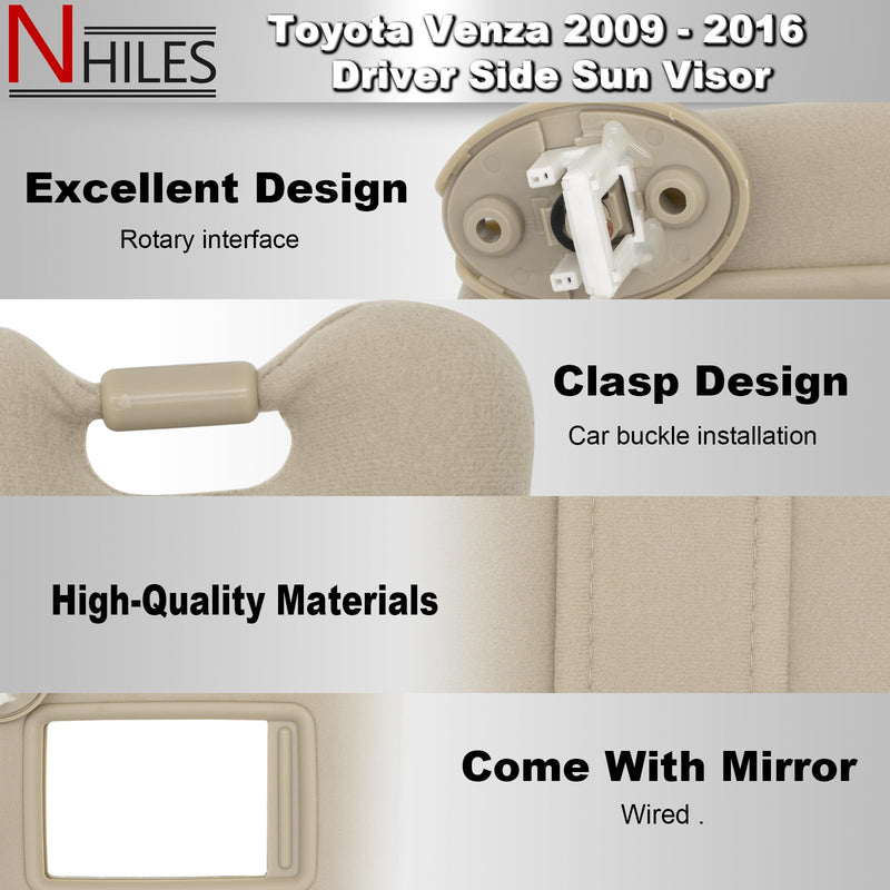 NHILES Driver Left Side Sun Visor Replacement Fits for Toyota Venza 2009-2016 Sunshade 743200T021A1 Color: Beige Beige(Left Driver Side)