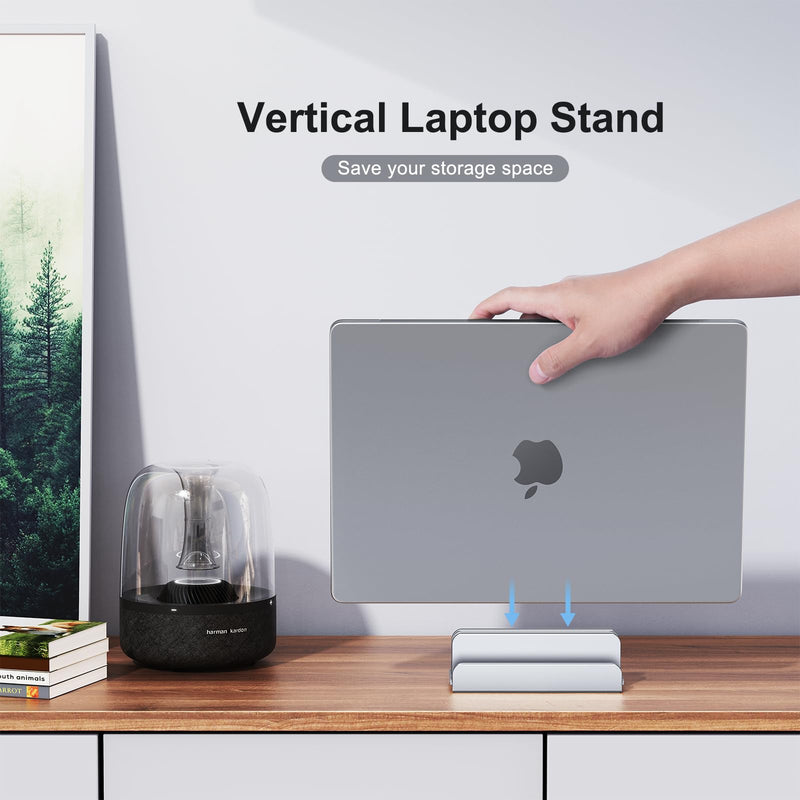 Vertical Laptop Stand, Aluminum Laptop Holder, Adjustable 3-in-1 Design, Compatible with MacBook, MacBook Pro/Air, Dell, HP, Lenovo, Up to 17.3 inches (Silver) Silver